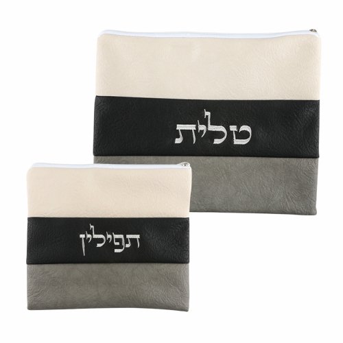 Gray and Off White Bands on Faux Suede Tallit and Tefillin Bag Set