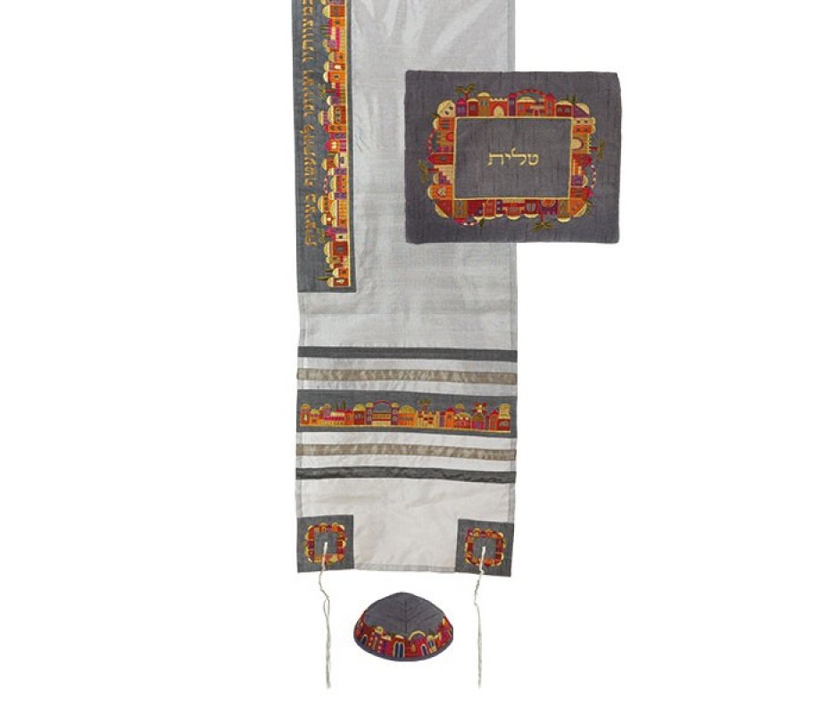 Gray on White Polysilk Prayer Shawl Set Embroidered Colorful Jerusalem - Yair Emanuel