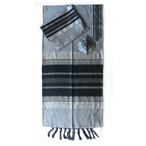 Gray with Black Stripes Handwoven Silk Prayer Shawl Set - Gabrieli