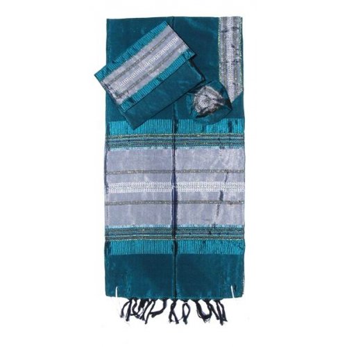 Green Silk Handwoven Prayer Shawl Tallit Set with Silver Stripes - Gabrieli
