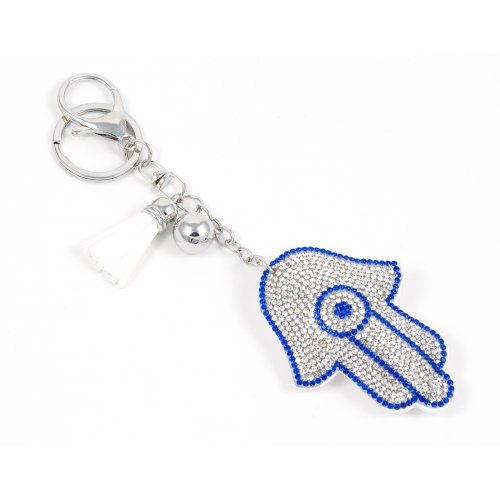 Hamsa Key Chain, Padded Felt with Decorative Blue and Silver Stones and Tassel
