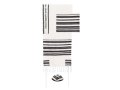 Hand Embroidered Silk-Cotton Prayer Shawl Set with Black Stripes - Yair Emanuel