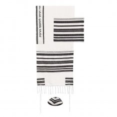 Hand Embroidered Silk-Cotton Prayer Shawl Set with Black Stripes - Yair Emanuel