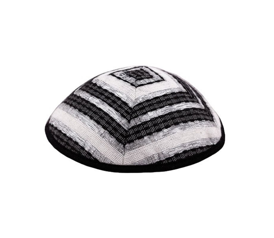 Hand Embroidered Silk-Cotton Prayer Shawl Set with Black Stripes - Yair Emanuel