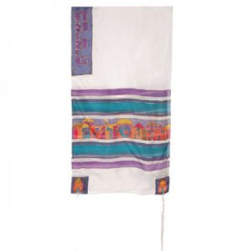 Hand Painted Silk Prayer Shawl Set with Jerusalem Images - Yair Emanuel