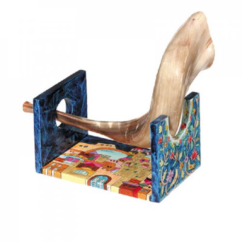 Hand Painted Wood Rams Horn Stand for Small Shofar, Jerusalem Design - Yair Emanuel