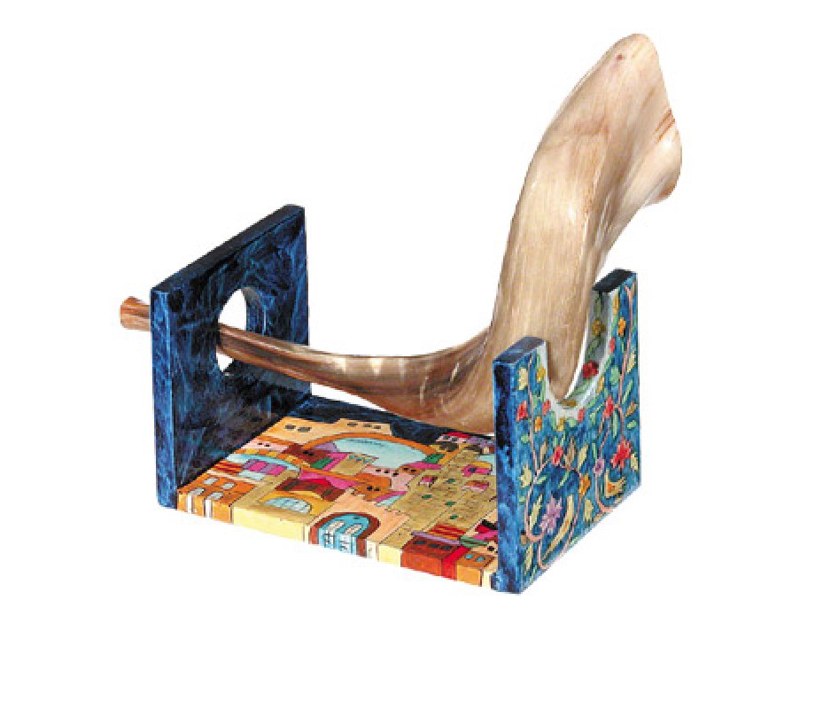 Hand Painted Wood Rams Horn Stand for Small Shofar, Jerusalem Design - Yair Emanuel