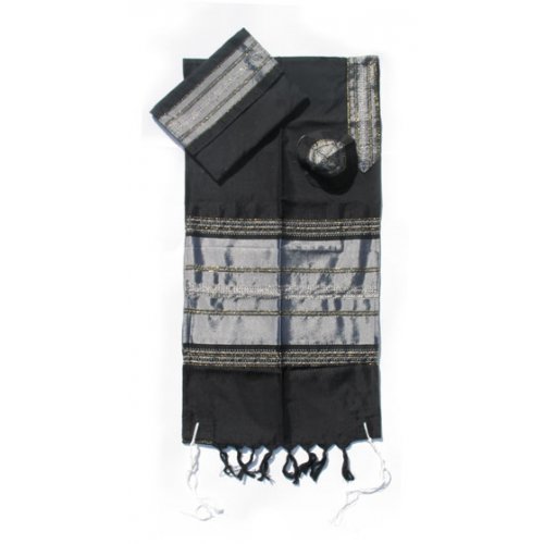 Handwoven Black Silk Prayer Shawl Tallit Set with Silver Stripes - Gabrieli