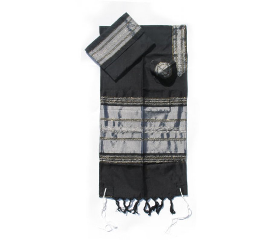 Handwoven Black Silk Prayer Shawl Tallit Set with Silver Stripes - Gabrieli