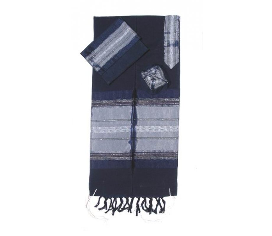 Handwoven Dark Blue Silk Prayer Shawl Set with Silver Stripes - Gabrieli