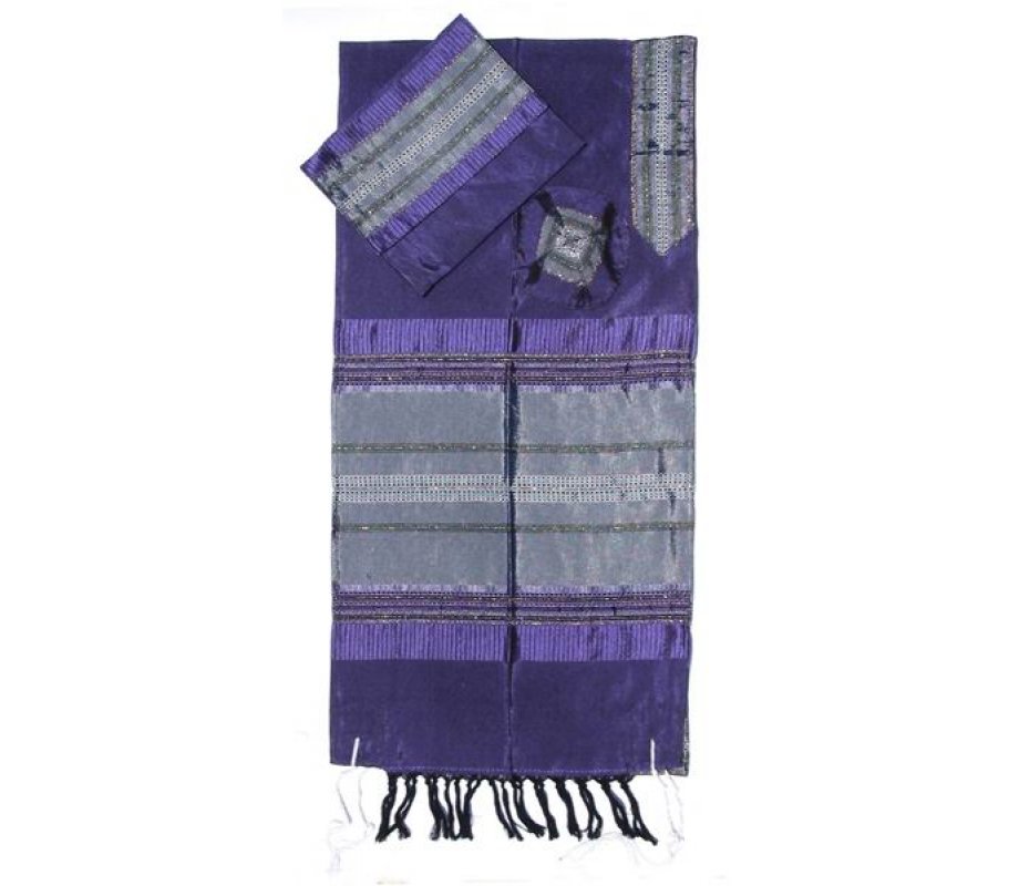 Handwoven Silk Purple Prayer Shawl Tallit Set with Silver Stripes - Gabrieli