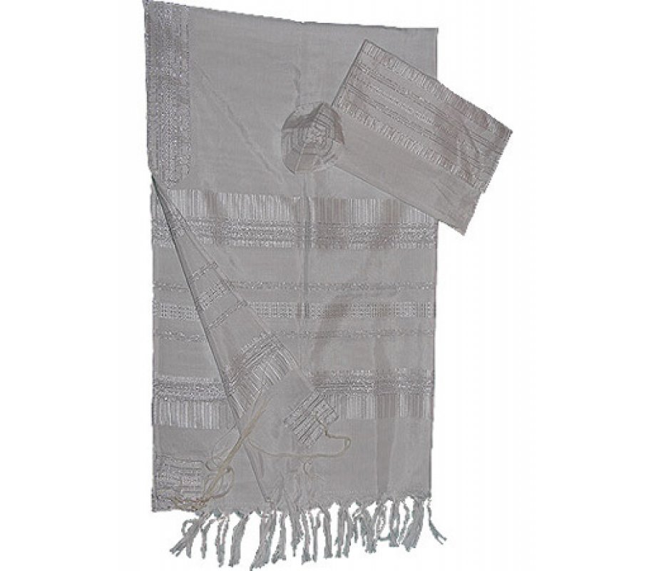 Handwoven Silk Tallit Set, White with Silver Stripes - Gabrieli
