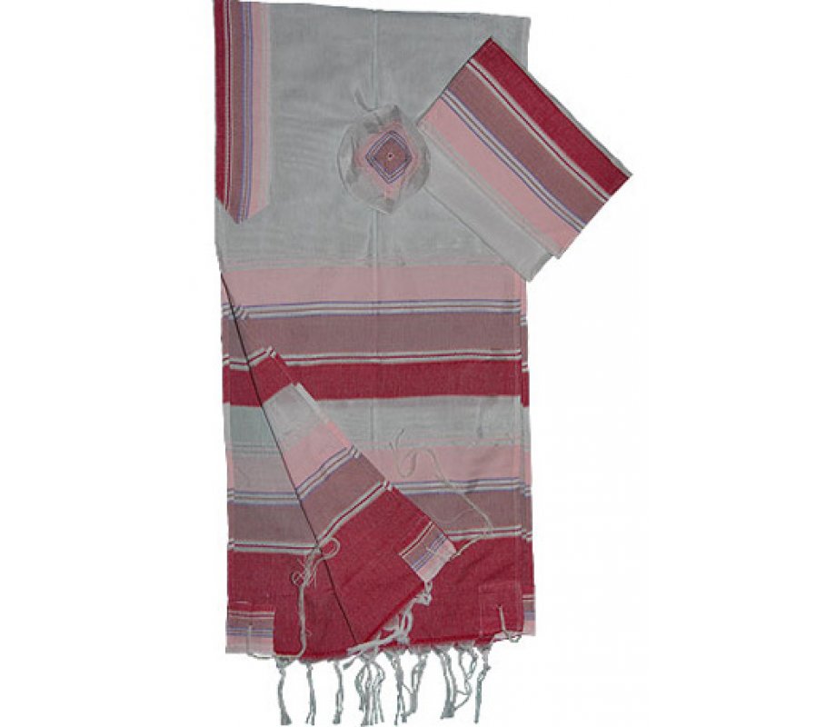 Handwoven White Silk Tallit Prayer Shawl with Shades of Pink Stripes - Gabrieli