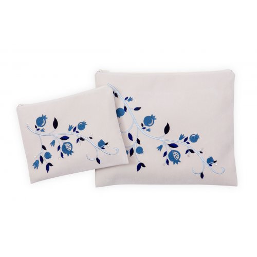 Impala Prayer Shawl Bag Set, Blue Embroidered Pomegranates - Ronit Gur