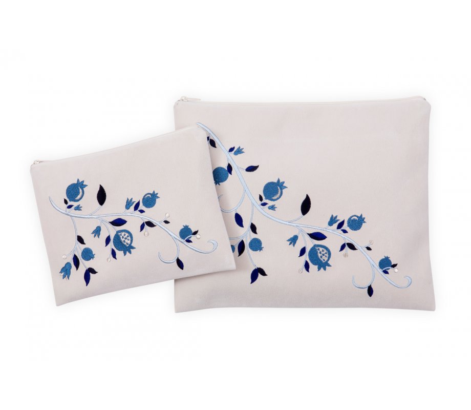 Impala Prayer Shawl Bag Set, Blue Embroidered Pomegranates - Ronit Gur