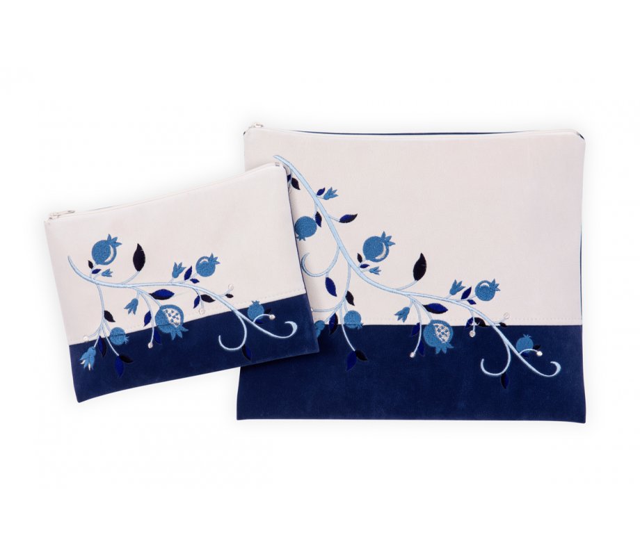 Impala Prayer Shawl Bag Set Off-White and Blue, Blue Pomegranates - Ronit Gur