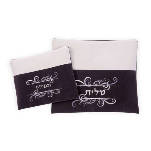 Impala Prayer Shawl Set with Decorative Swirls, Off-White and Gray - Ronit Gur