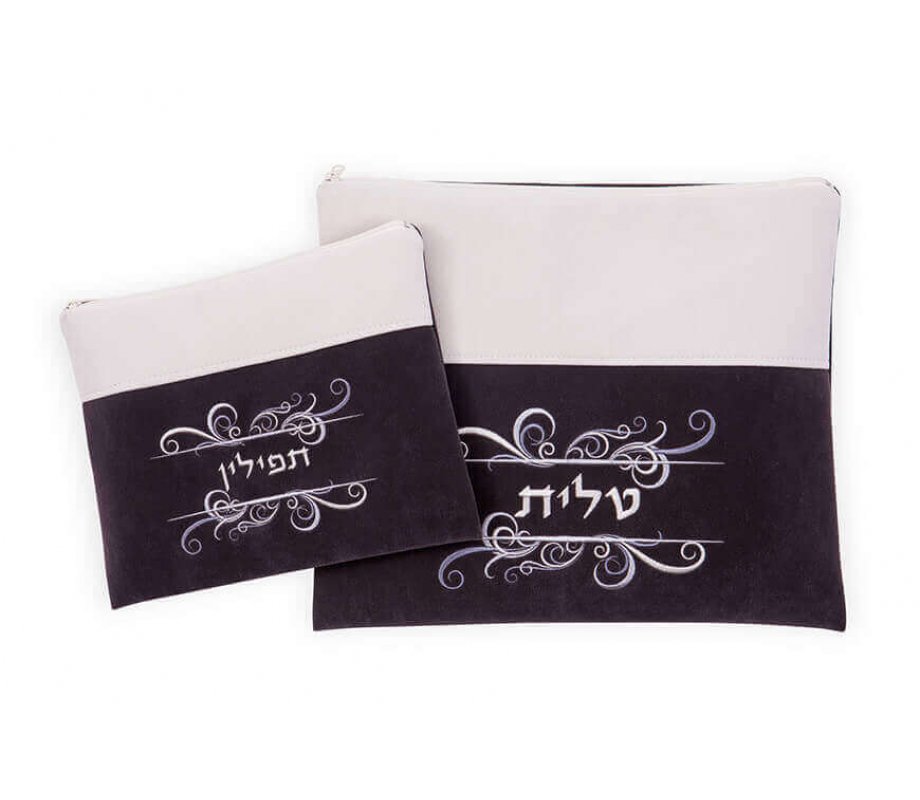 Impala Prayer Shawl Set with Decorative Swirls, Off-White and Gray - Ronit Gur