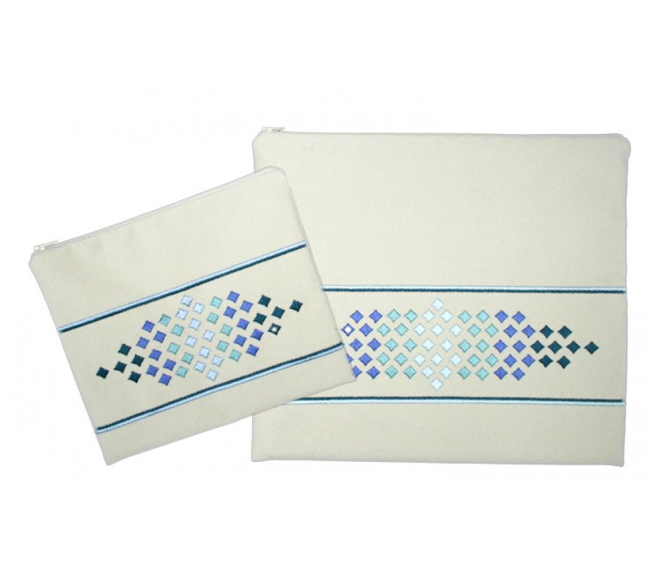 Impala Prayer Shawl and Tefillin Bag Off-White, Blue Diamonds Embroidery - Ronit Gur