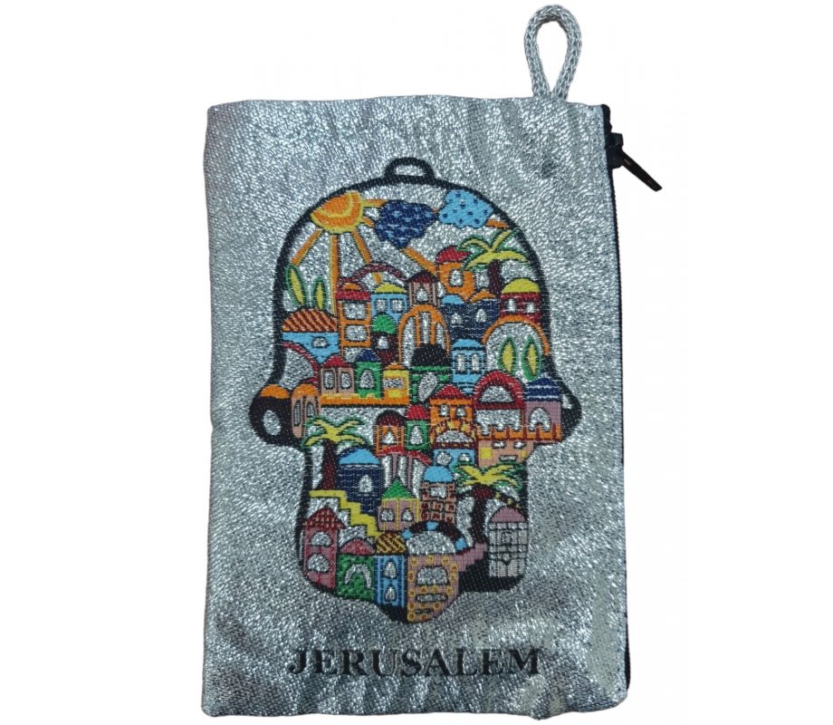 Jerusalem Fabric Purse-Wallet, Embroidered with Glittery Hamsa - Jerusalem Design