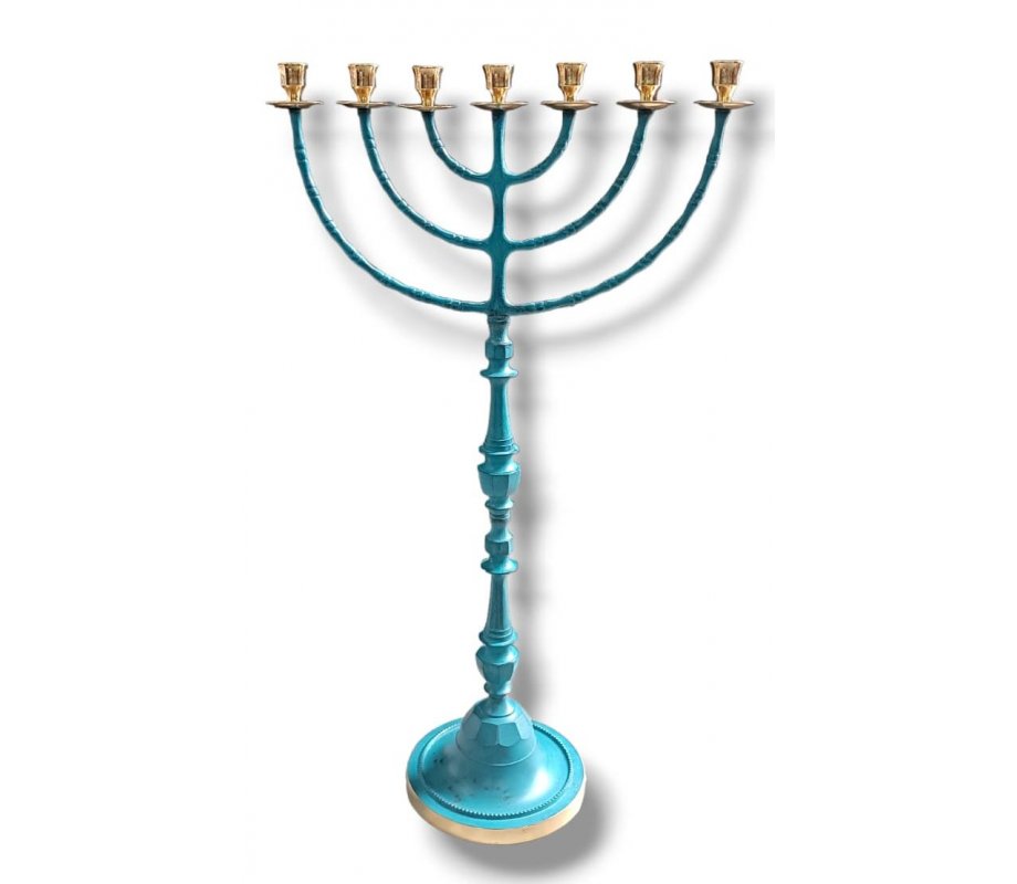 Jumbo Size Seven Branch Menorah on Slender Stem, Patina – 32
