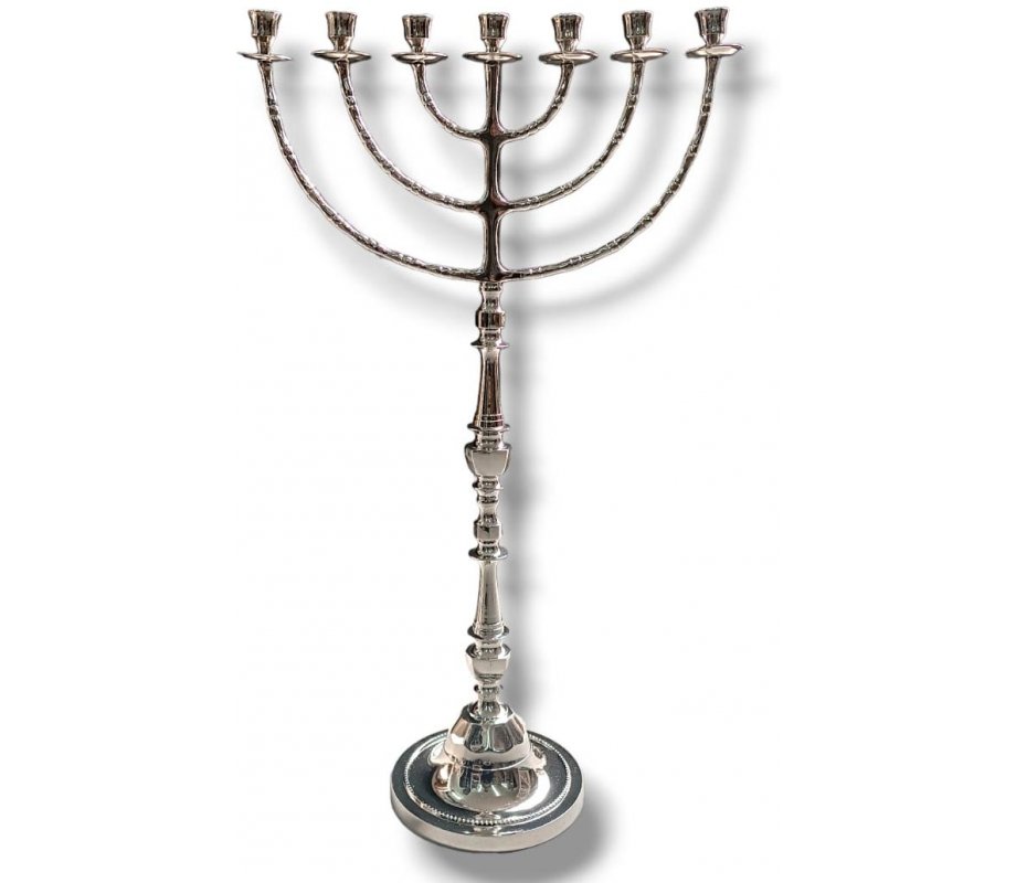 Jumbo Size Silver Seven Branch Menorah with Beaded Decorations, Nickel - 32