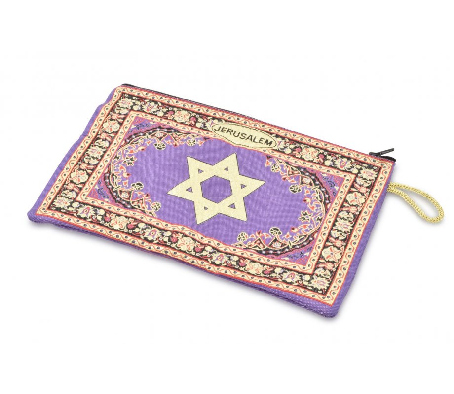 Large Embroidered Fabric Purse or Wallet with Star of David and Jerusalem - Purple