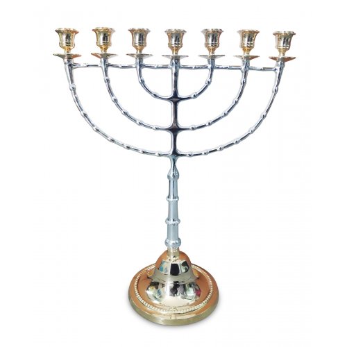 Large Seven Branch Menorah, Silver and Gold Nickel with Beaded Decorations - 18