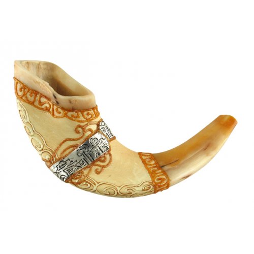 Light Ram's Horn shofar with Hand Painted Jerusalem design