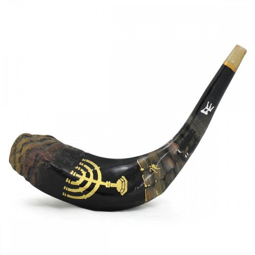 MYSHOFAR Hand Painted Rams Horn Shofar - Menorah, Western Wall and People in Prayer