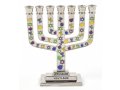 Mini 7-Branch Menorah, Silver with Colorful Decorative Judaic Symbols  3.9