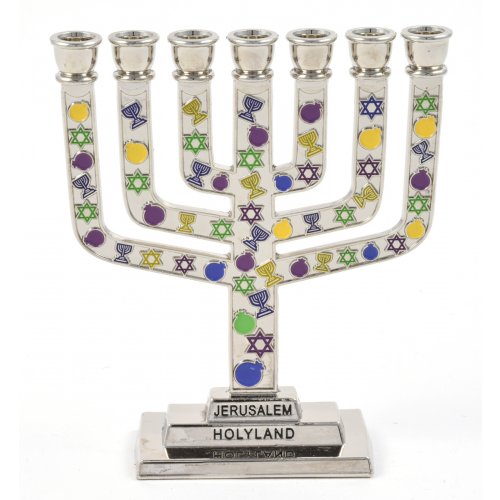 Mini 7-Branch Menorah, Silver with Colorful Decorative Judaic Symbols  3.9