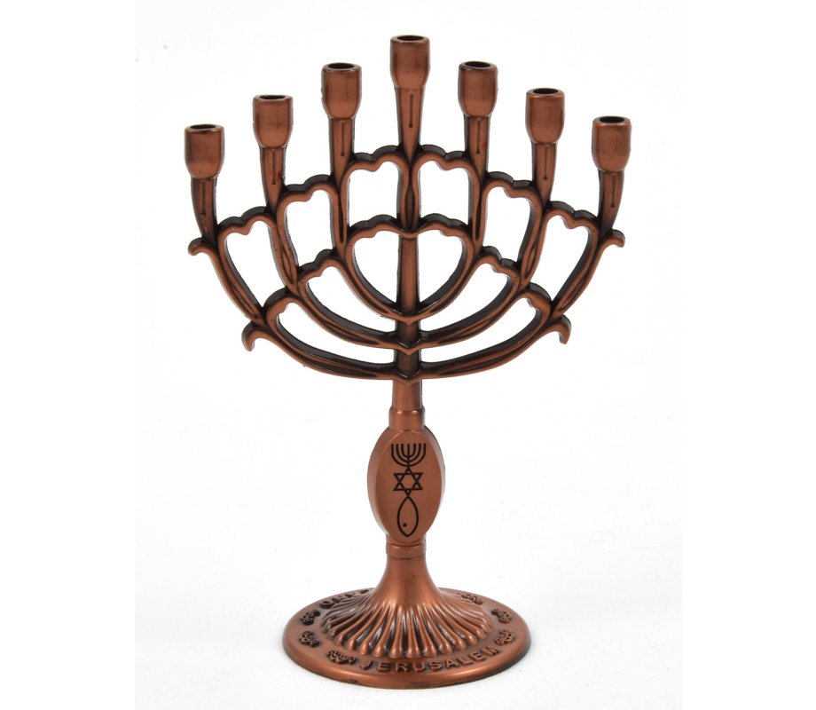 Mini Seven Branch Menorah, Decorative with Fish Symbol, Copper - Height 4