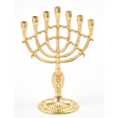 Mini Seven Branch Menorah, Decorative with Fish Symbol, Gold - Height 4