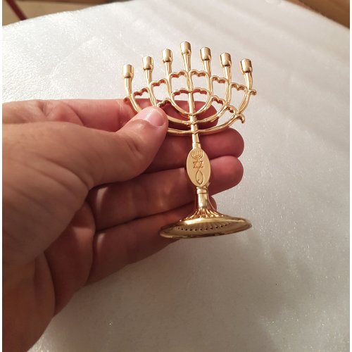 Mini Seven Branch Menorah, Decorative with Fish Symbol, Gold - Height 4