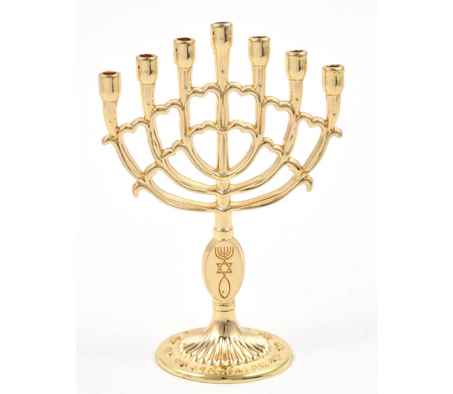 Mini Seven Branch Menorah, Decorative with Fish Symbol, Gold - Height 4”