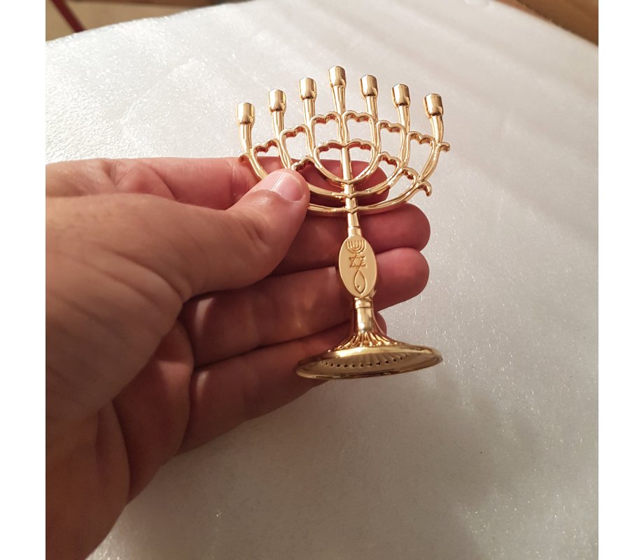 Mini Seven Branch Menorah, Decorative with Fish Symbol, Gold - Height 4”