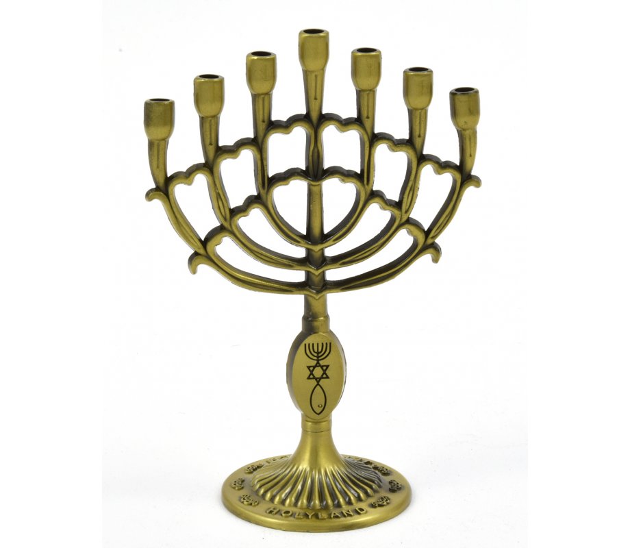Mini Seven Branch Menorah, Decorative with Fish Symbol, Gold - Height 4”