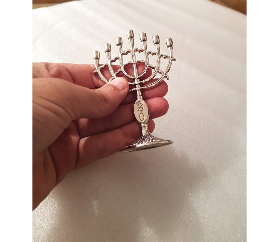 Mini Seven Branch Menorah, Decorative with Fish Symbol, Silver - Height 4”