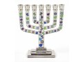 Mini Seven Branch Silver Menorah with Colorful Decorative Judaic Symbols  3.9