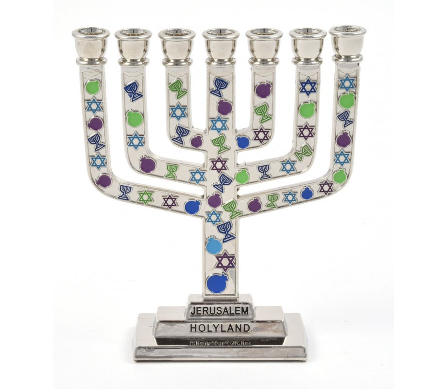 Mini Seven Branch Silver Menorah with Colorful Decorative Judaic Symbols  3.9
