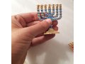 Miniature 7-Branch Menorah with Judaic Motifs, Blue on Gold - 2.7