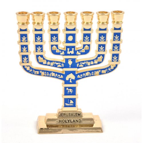 Miniature 7-Branch Menorah with Judaic Motifs, Blue on Gold - 2.7
