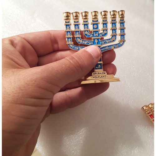 Miniature 7-Branch Menorah with Judaic Motifs, Blue on Gold - 2.7