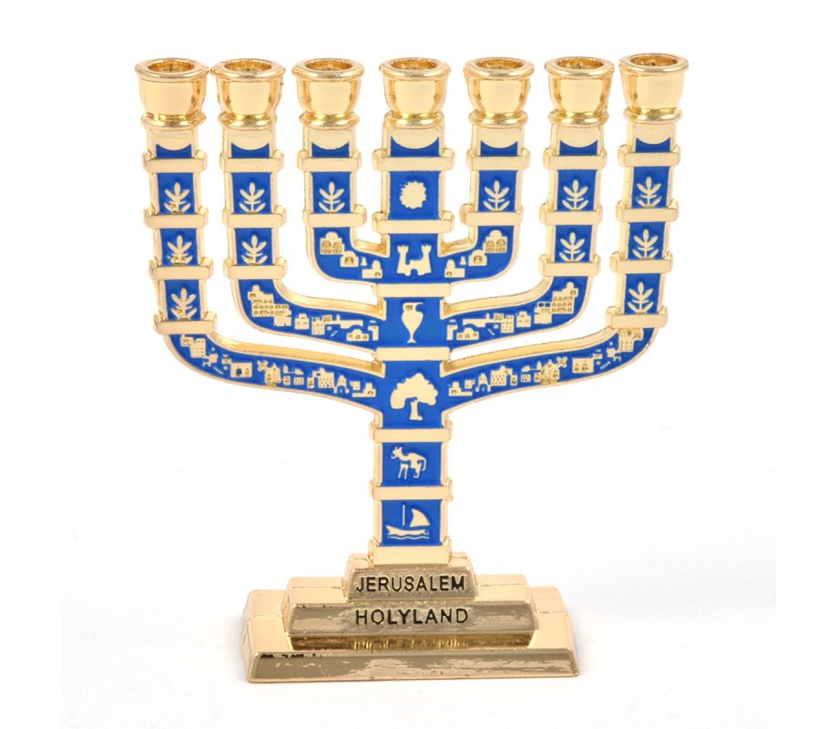 Miniature 7-Branch Menorah with Judaic Motifs, Blue on Gold - 2.7
