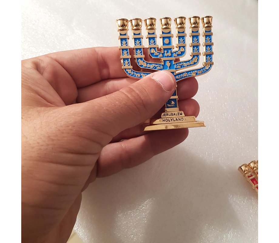 Miniature 7-Branch Menorah with Judaic Motifs, Blue on Gold - 2.7