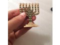 Miniature 7-Branch Menorah with Judaic Motifs, Gold and Dark Green - 2.7