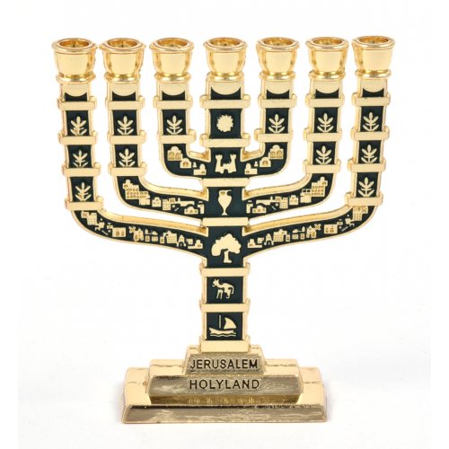 Miniature 7-Branch Menorah with Judaic Motifs, Gold and Dark Green - 2.7