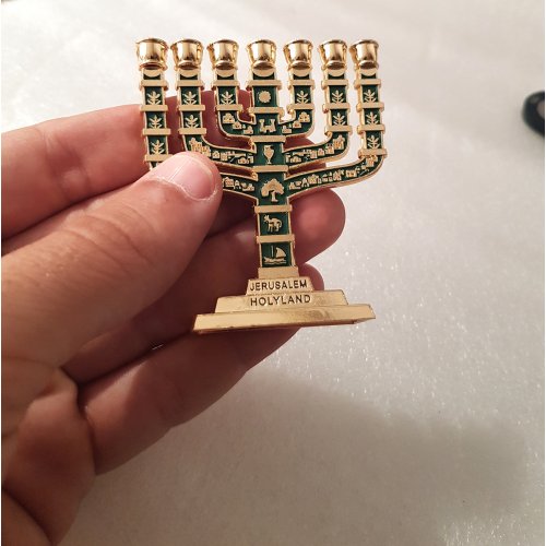 Miniature 7-Branch Menorah with Judaic Motifs, Gold and Dark Green - 2.7
