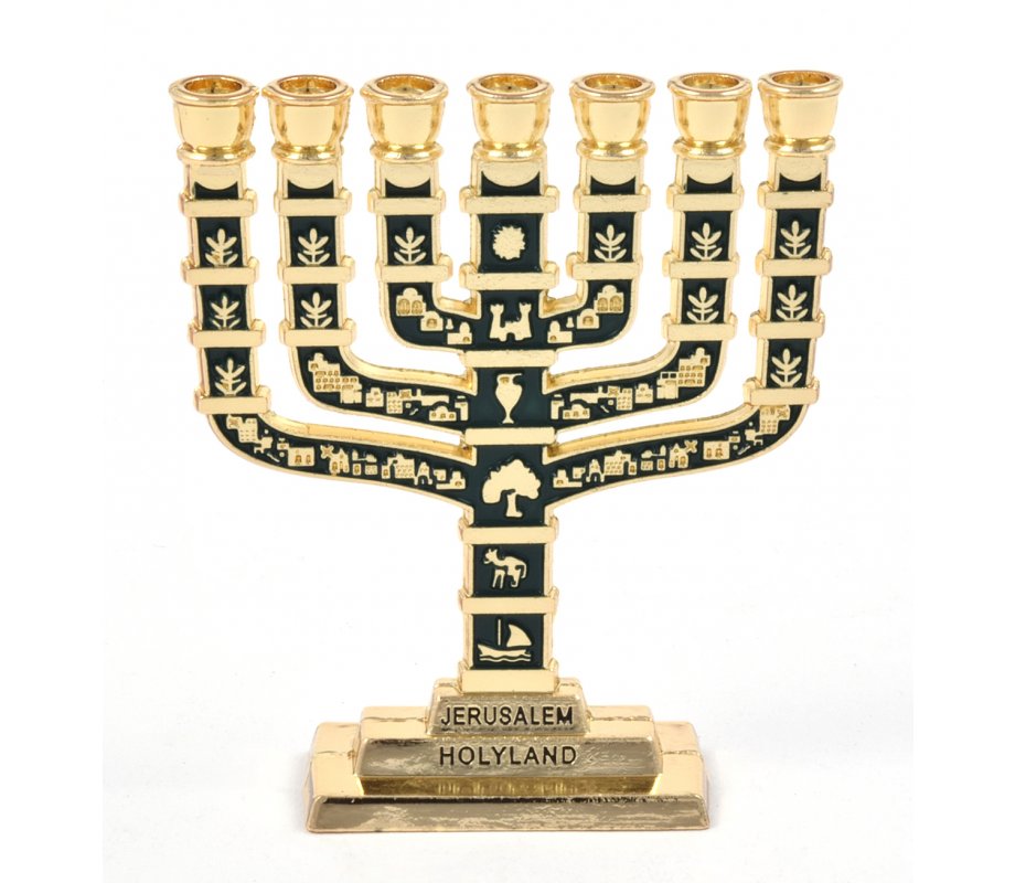 Miniature 7-Branch Menorah with Judaic Motifs, Gold and Dark Green - 2.7